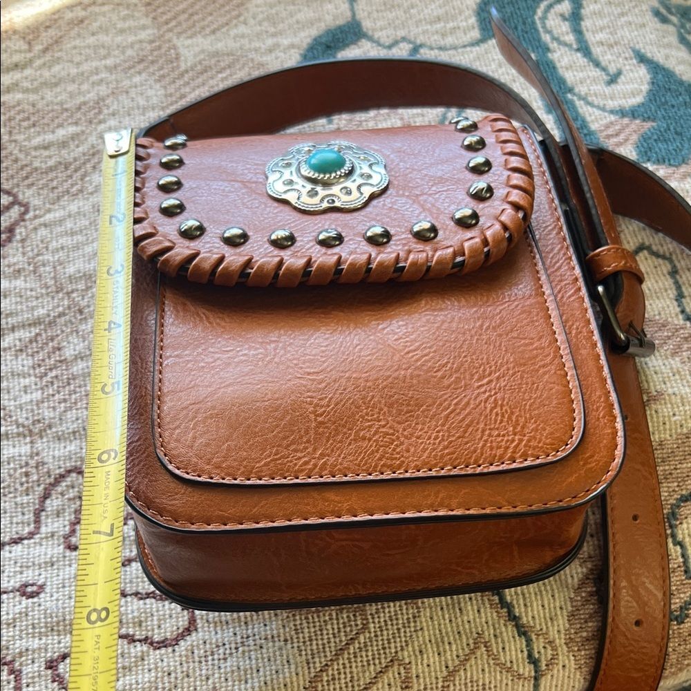 #1024+ “30X7”Brown Leather Crossbody Bag with Turquoise Accent - Picture 4 of 10